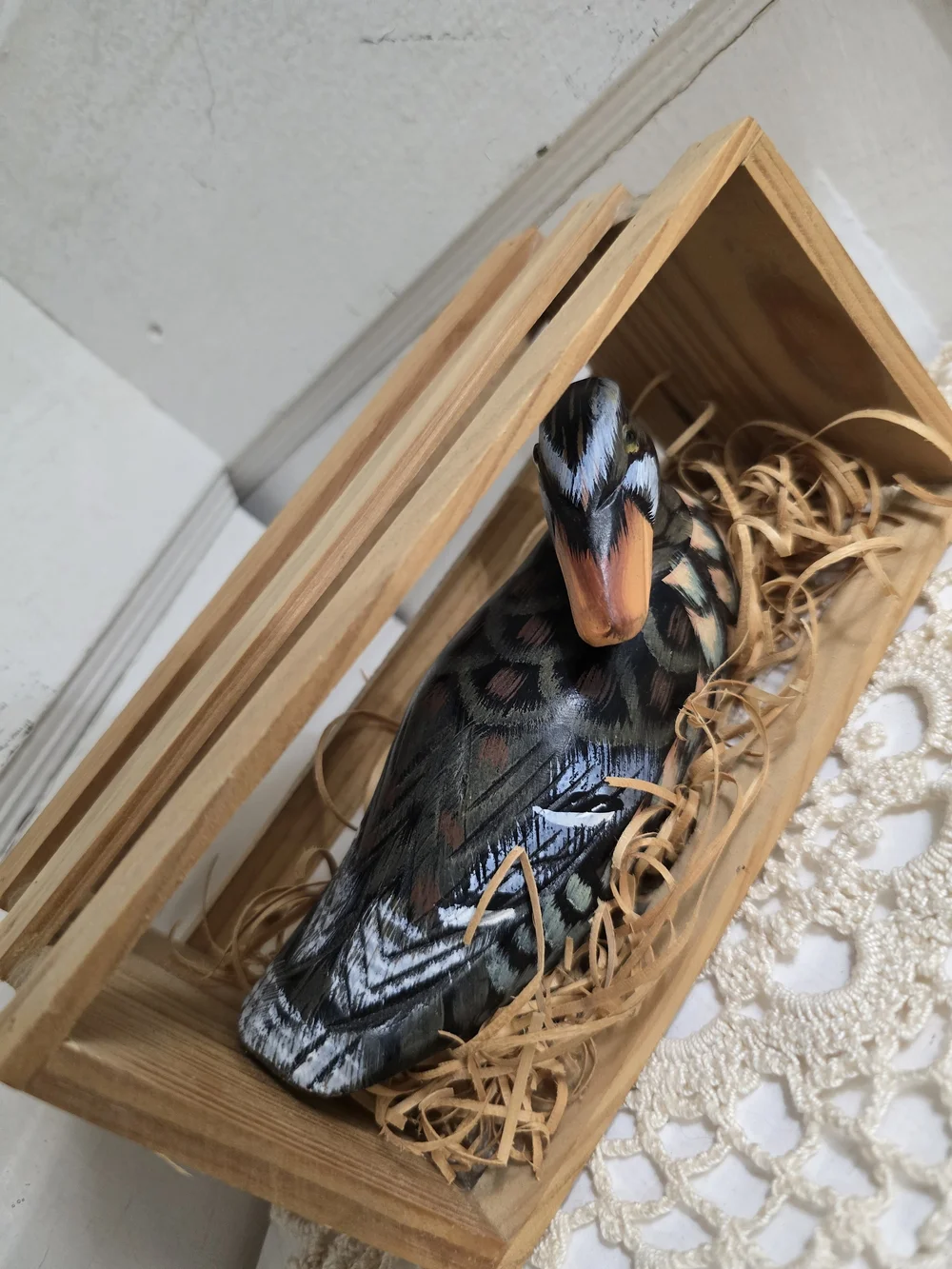 Vintage Hand-Painted & Hand-Carved Wooden Duck Decoy In Crate